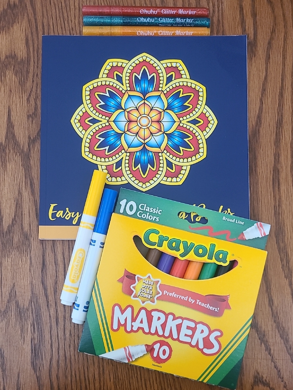 BUNDLE - Easy Adult Coloring Book W/ Crayola & Glitter Markers